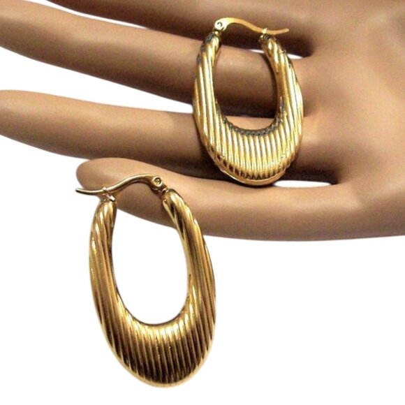 24K Gold Plated Lined Teardrop Hoop Pierced Post Earrings 44mm Long Stainless - Picture 3 of 12